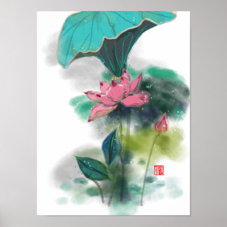 Lotus Asian Bläck Art Print Poster