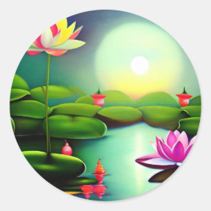 Lotus blomma i en damm runt klistermärke