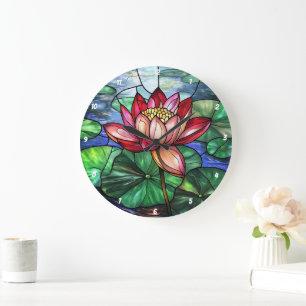Lotus Blommigt Pond Stached Glass Stor Klocka
