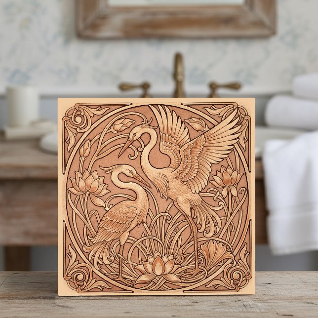 Lotus & Crane Art Nouveau Pat#8 Terra Cotta ID1193 Kakelplatta (Skapare uppladdad)