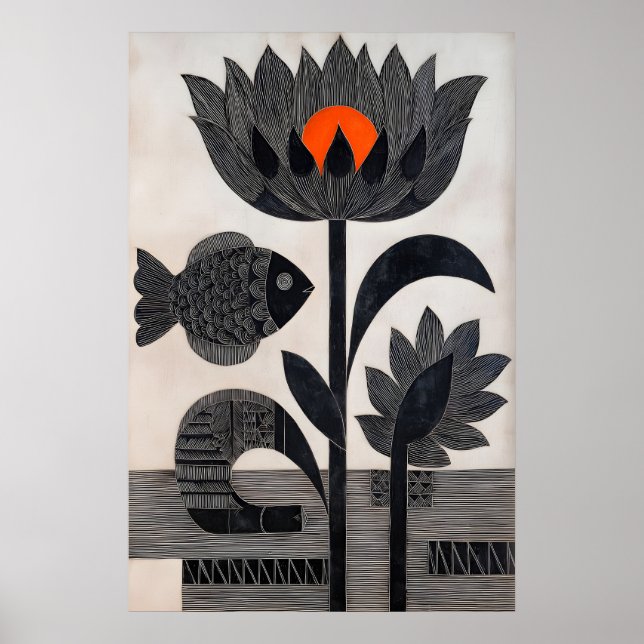 Lotus Fisk Väggkonst Grafisk Naturtryck med Fetsti (Framsidan)