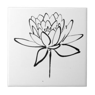 Lotus Flower Black and White Bläck Teckning Art Kakelplatta