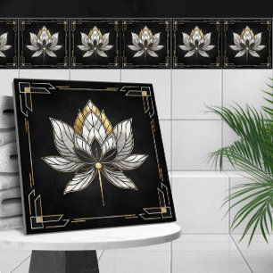 Lotus Flower - Black, Pearl och Guld Kakelplatta