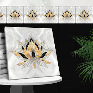 Lotus Flower - Black, Pearl och Guld Kakelplatta