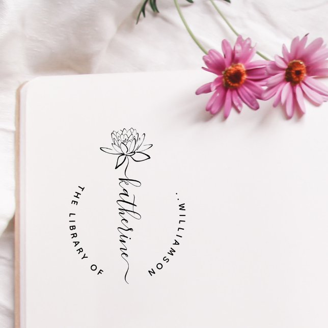 Lotus Flower Elegant Script Custom Name Library Ru Stämpel (Skapare uppladdad)