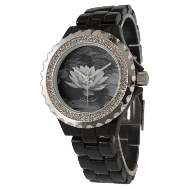 Lotus Flower Grått Black och White Armbandsur (Vinklad)