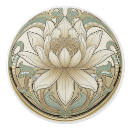 Lotus Flower Green Cream Gold Art Deco Nouveau Knopp