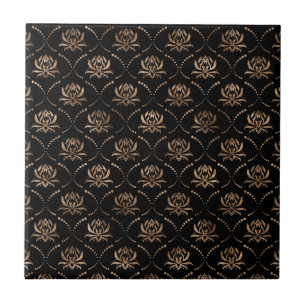 Lotus Flower Luxury mönster - black and guld Kakelplatta