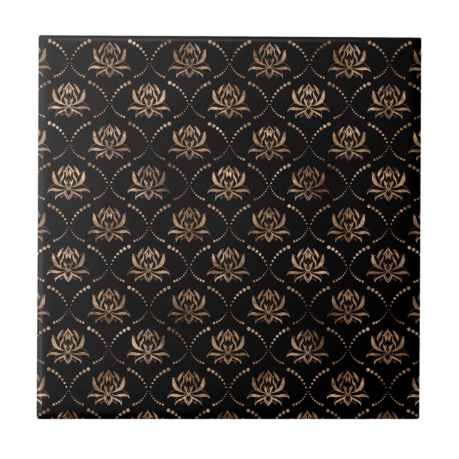 Lotus Flower Luxury mönster - black and guld Kakelplatta (Framsidan)