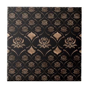 Lotus Flower Luxury ornament - black and guld Kakelplatta