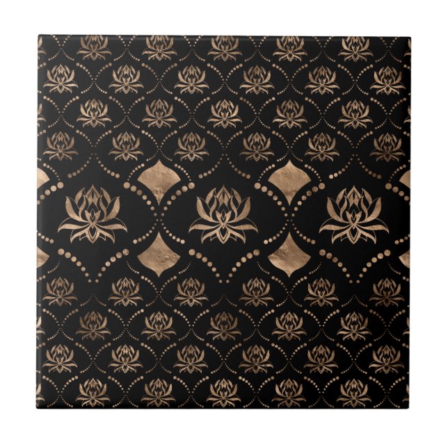 Lotus Flower Luxury ornament - black and guld Kakelplatta (Framsidan)