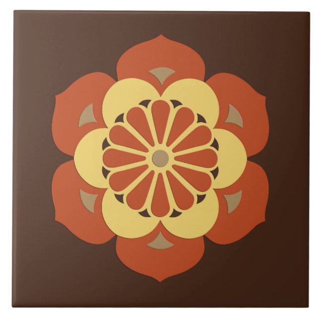 Lotus Flower Mandala, Brown, Rust och Gult Kakelplatta (Framsidan)