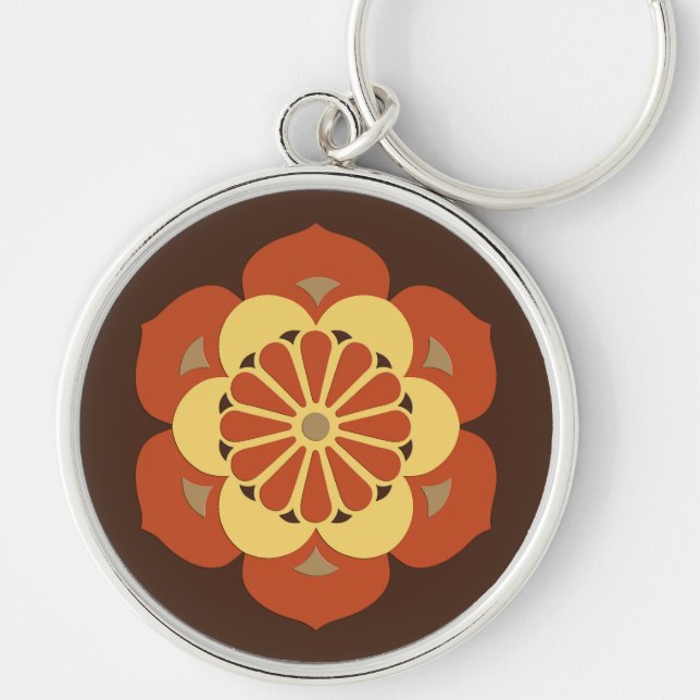 Lotus Flower Mandala, Brown, Rust och Gult Rund Silverfärgad Nyckelring (Framsidan)