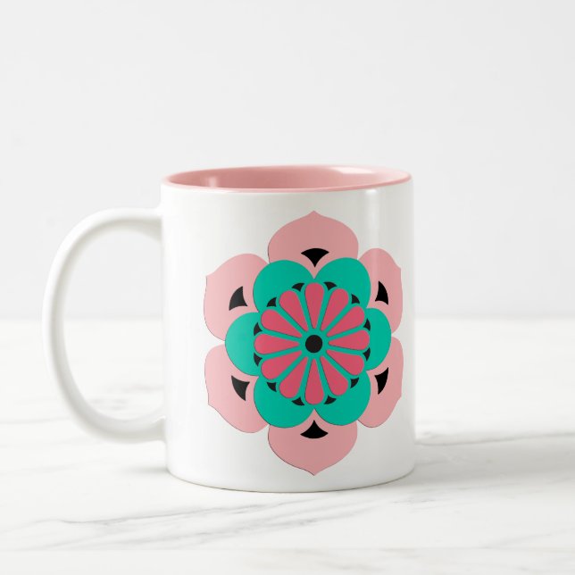 Lotus Flower Mandala, Coral Rosa och Turcos Två-Tonad Mugg (Vänster)