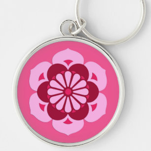 Lotus Flower Mandala, Fuchsia Rosa och Burgundy Rund Silverfärgad Nyckelring