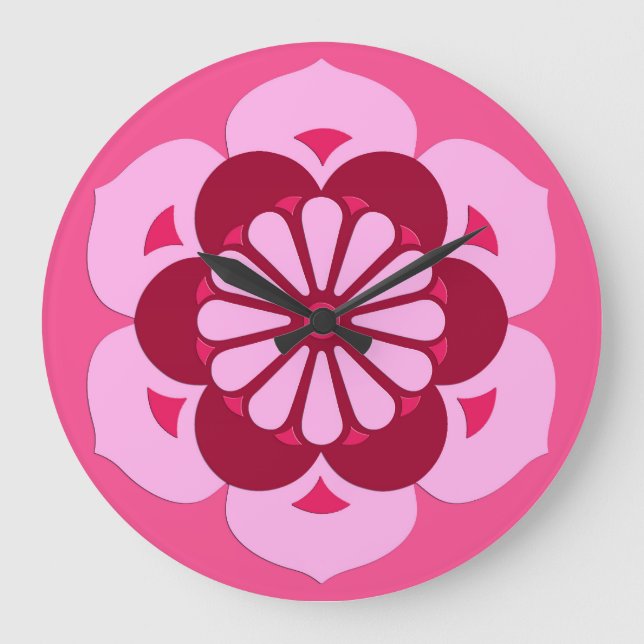 Lotus Flower Mandala, Fuchsia Rosa och Burgundy Stor Klocka (Framsida)