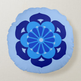 Lotus Flower Mandala, Indigo och Light Blue Rund Kudde