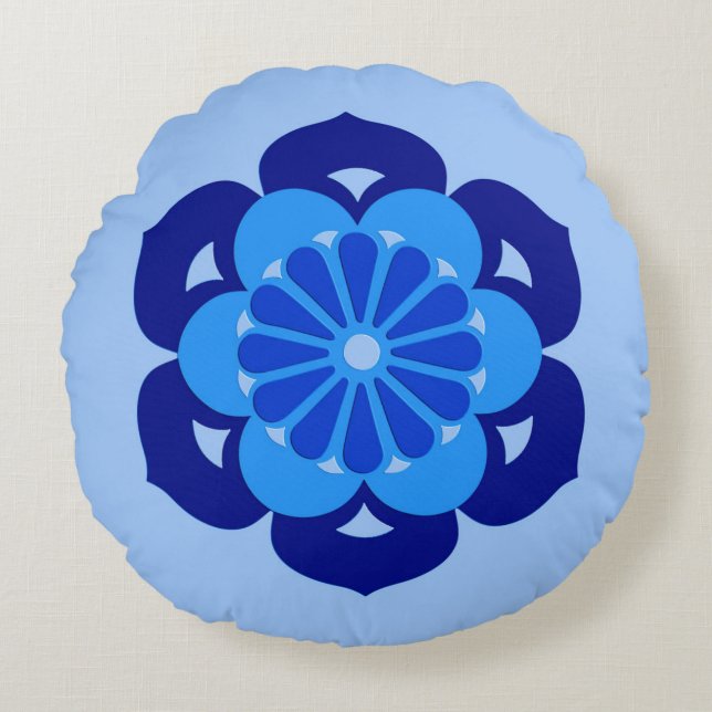 Lotus Flower Mandala, Indigo och Light Blue Rund Kudde (Framsidan)