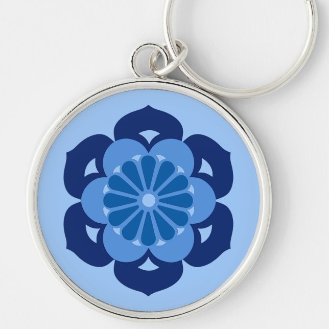 Lotus Flower Mandala, Indigo och Light Blue Rund Silverfärgad Nyckelring (Framsidan)