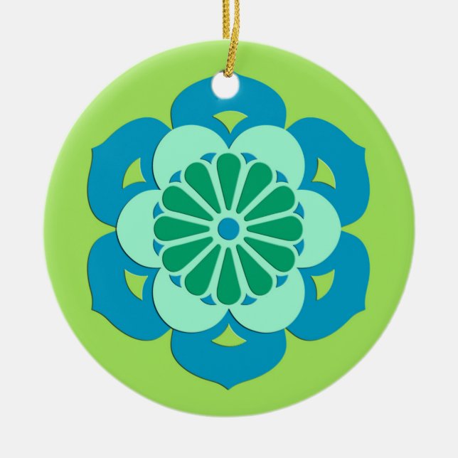 Lotus Flower Mandala, Lime Green och Light Blue Julgransprydnad Keramik (Framsidan)