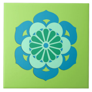 Lotus Flower Mandala, Lime Green och Light Blue Kakelplatta