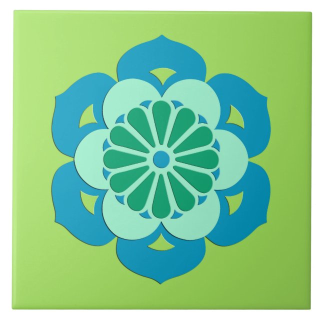 Lotus Flower Mandala, Lime Green och Light Blue Kakelplatta (Framsidan)