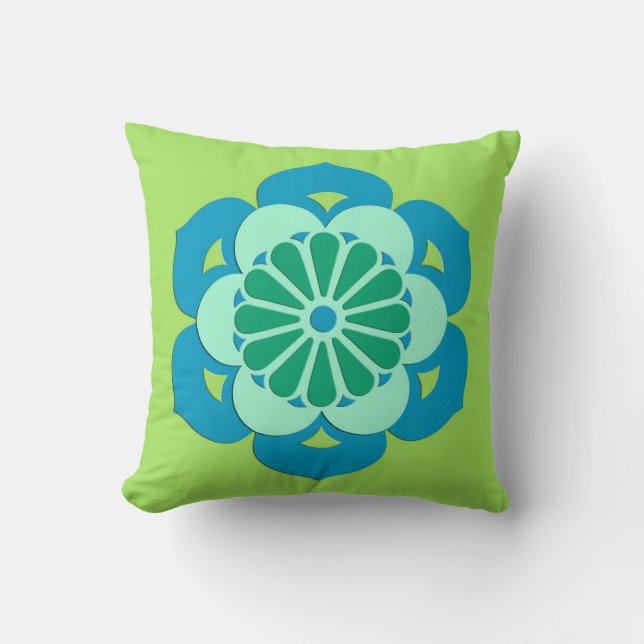 Lotus Flower Mandala, Lime Green och Light Blue Kudde (Framsida)