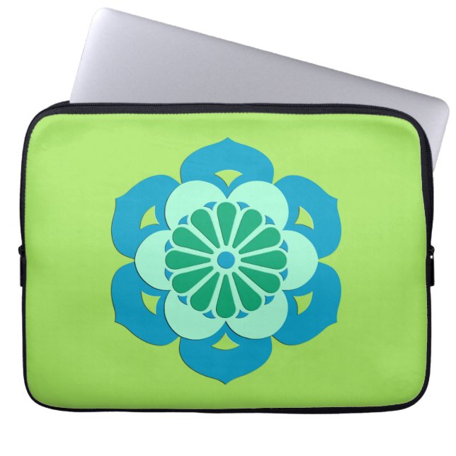 Lotus Flower Mandala, Lime Green och Light Blue Laptop Sleeve (Framsidan)