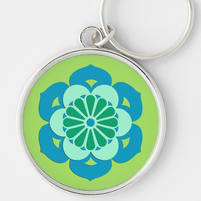 Lotus Flower Mandala, Lime Green och Light Blue Rund Silverfärgad Nyckelring (Framsidan)
