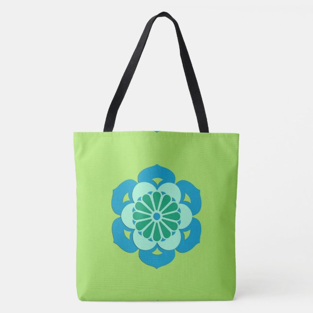 Lotus Flower Mandala, Lime Green och Light Blue Tygkasse (Framsida)