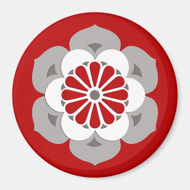 Lotus Flower Mandala, Mörk Red, Grått and White Magnet (Framsidan)