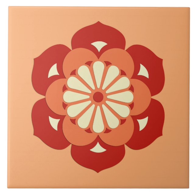 Lotus Flower Mandala, Pastel Orange och Mandarin Kakelplatta (Framsidan)