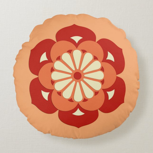 Lotus Flower Mandala, Pastel Orange och Mandarin Rund Kudde (Framsidan)