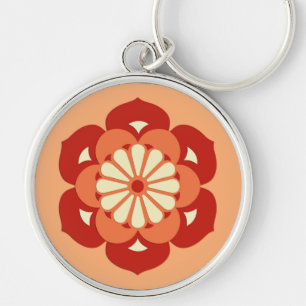 Lotus Flower Mandala, Pastel Orange och Mandarin Rund Silverfärgad Nyckelring