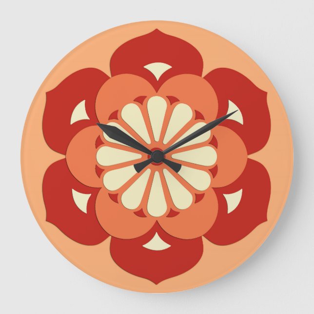 Lotus Flower Mandala, Pastel Orange och Mandarin Stor Klocka (Framsida)