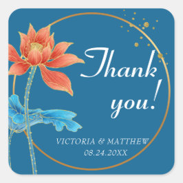Lotus Flower Orange & Blue Bröllop Tack Fyrkantigt Klistermärke