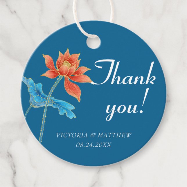 Lotus Flower Orange & Blue Bröllop Tack Gåvor Etiketter (Framsida)