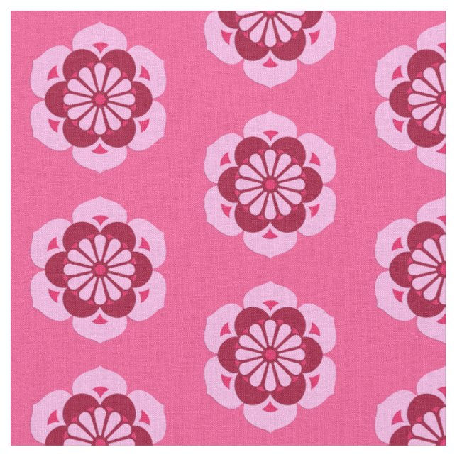 Lotus Flower Print, Fuchsia Rosa och Burgundy Tyg (Närbild)