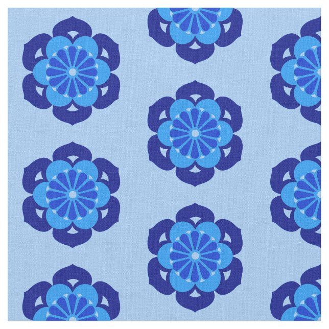 Lotus Flower Print, Indigo och Light Blue Tyg (Närbild)