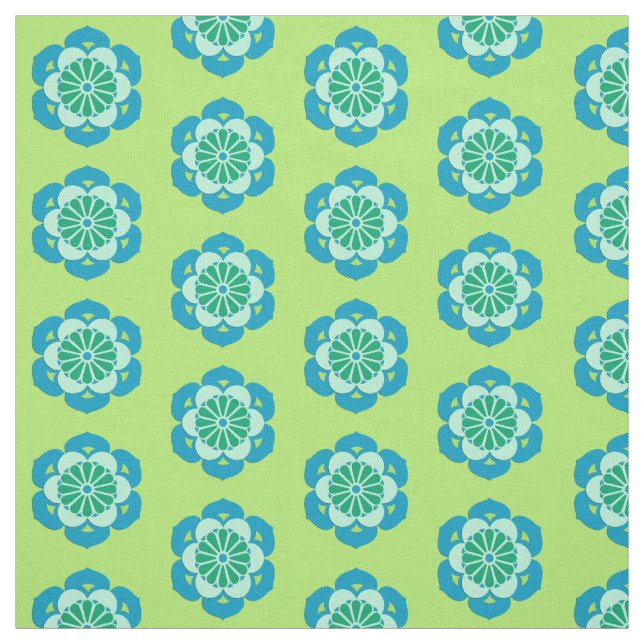 Lotus Flower Print, Lime Green och Light Blue Tyg (Provkarta)