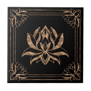 Lotus Flower Square ornament - black and guld Kakelplatta