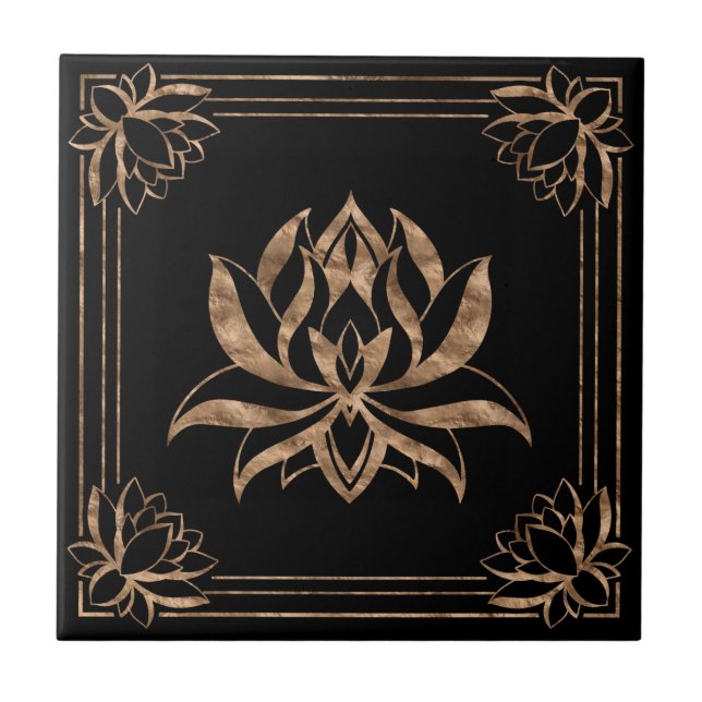 Lotus Flower Square ornament - black and guld Kakelplatta (Framsidan)