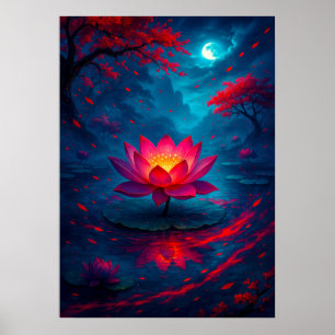 Lotus Flower under Moonlight Fantasy Poster