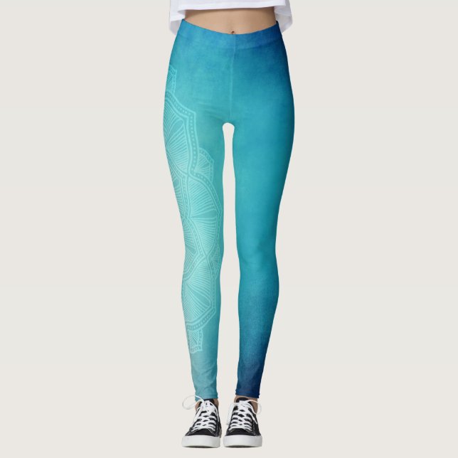 Lotus Flowers Blue Grönt Yoga Leggings (Framsida)