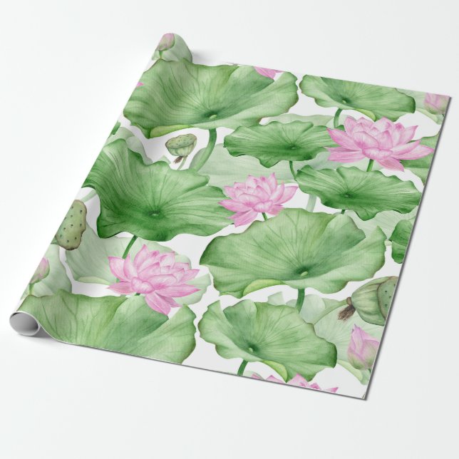 Lotus Flowers med stor Löv i vattenfärgen Rosa Presentpapper (Utrullad)