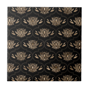 Lotus Flowers mönster - svart och guld Kakelplatta