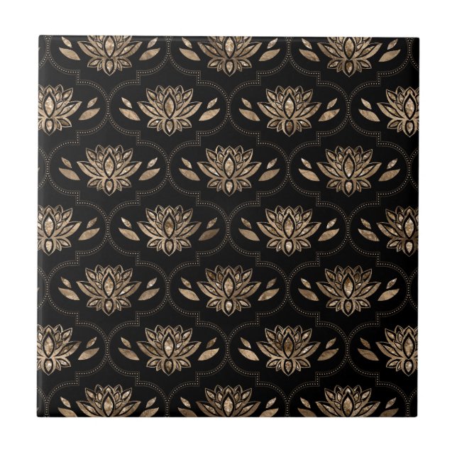 Lotus Flowers mönster - svart och guld Kakelplatta (Framsidan)