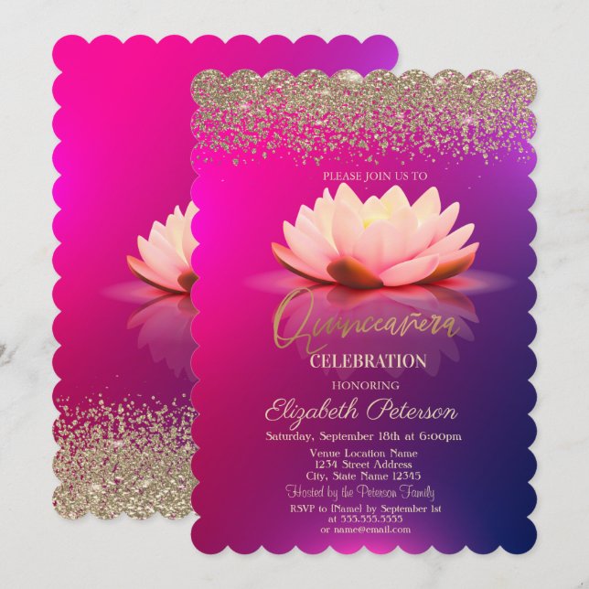 Lotus Guld Konfetti Diamant Ombre  Inbjudningar (Fram/baksida)
