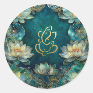 Lotus Indian Ganesh Bröllop Grönt Guld Runt Klistermärke