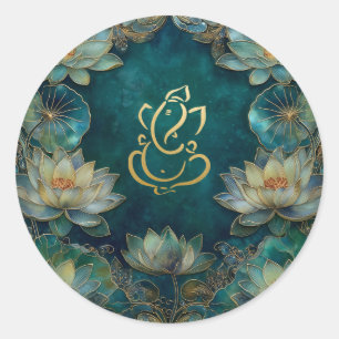 Lotus Indian Ganesh Bröllop Grönt Guld Runt Klistermärke